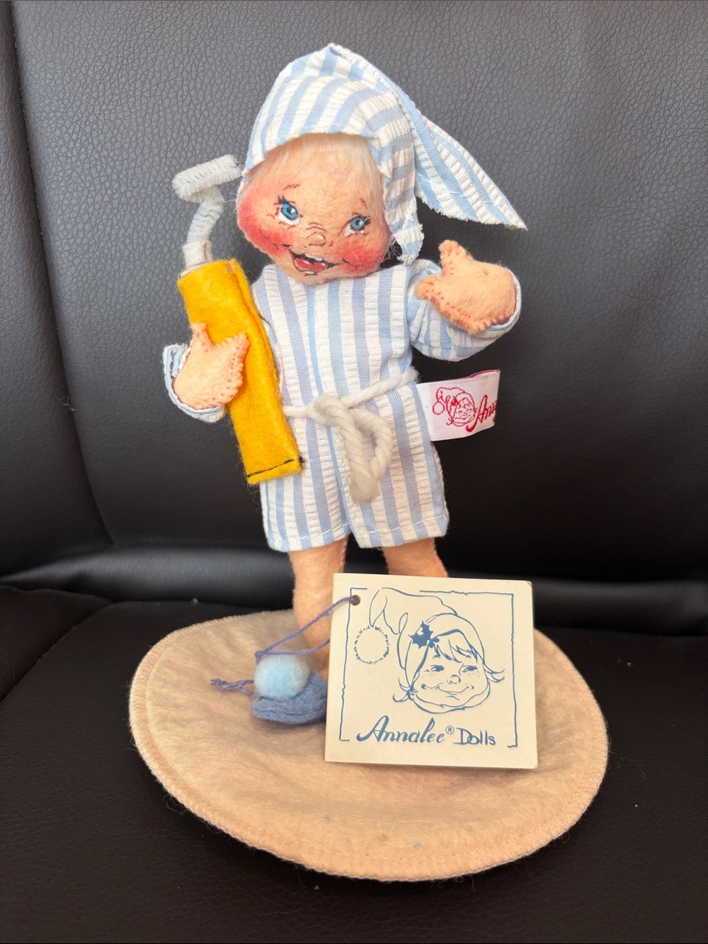 Annalee Blue and White Striped Pajama Boy with toothpaste